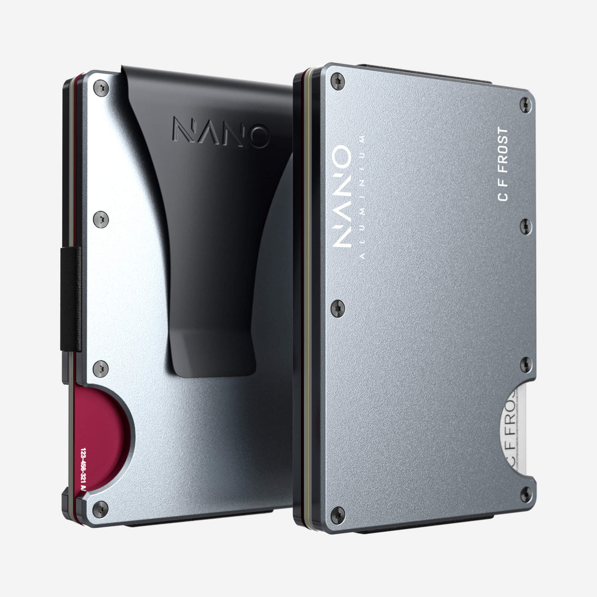 NANO Spyder Grey aerospace aluminium money clip wallet — front and rear views side by side
