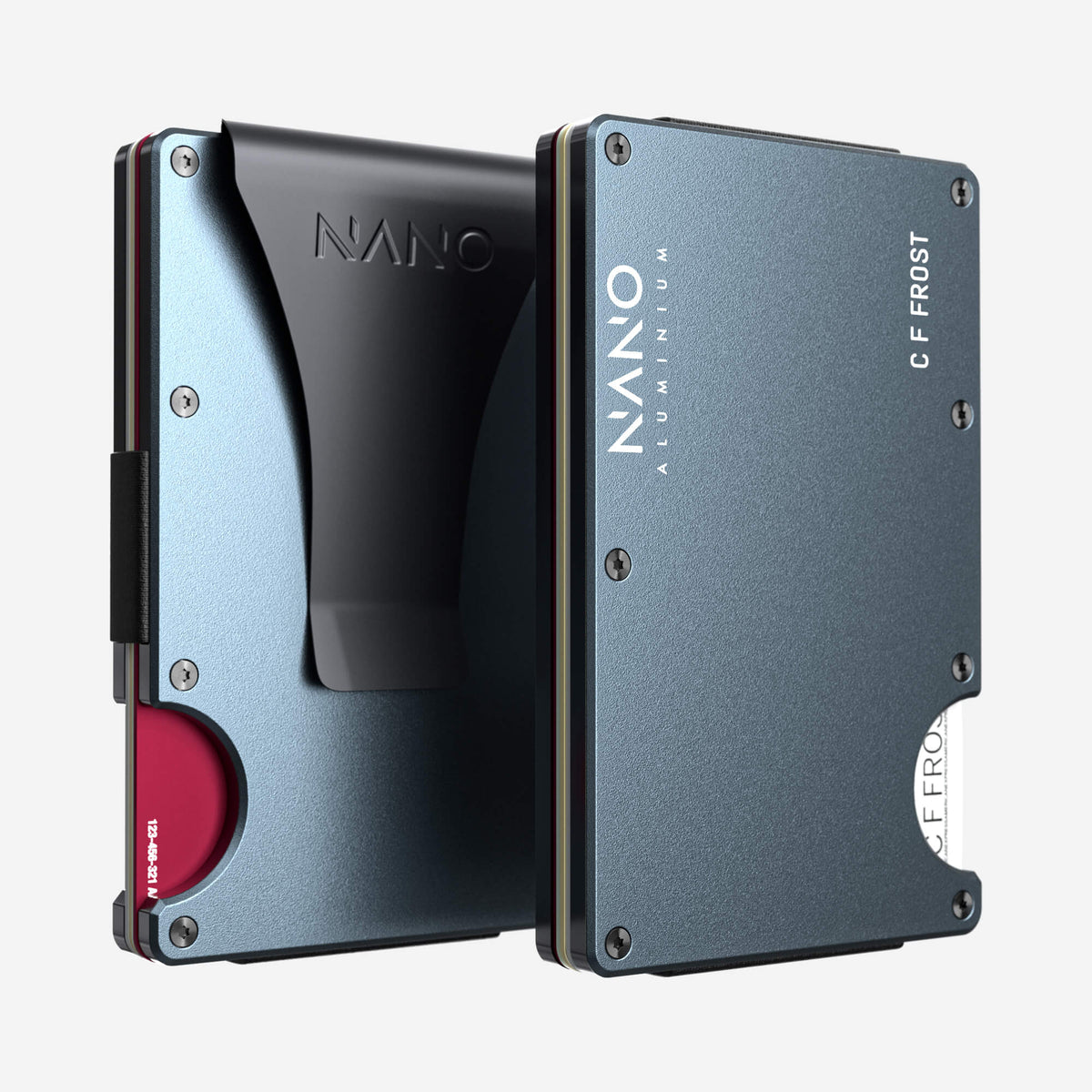 NANO Forza Grey aerospace aluminium money clip wallet — front and rear views side by side