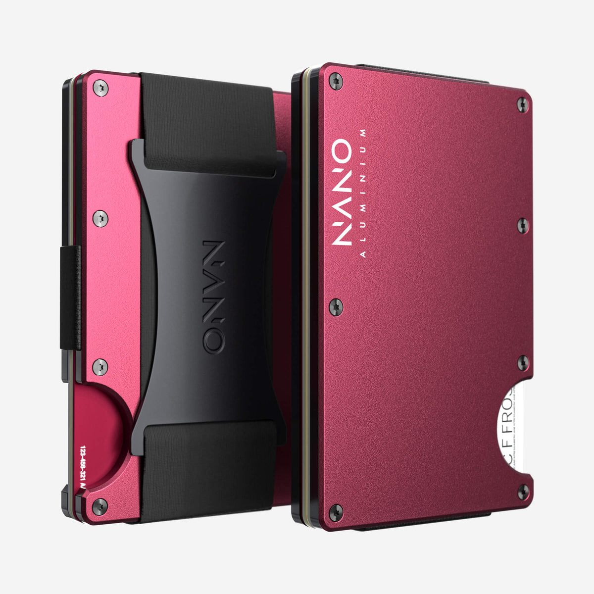 NANO Portofino Red aerospace aluminium cash strap wallet — front and rear views side by side