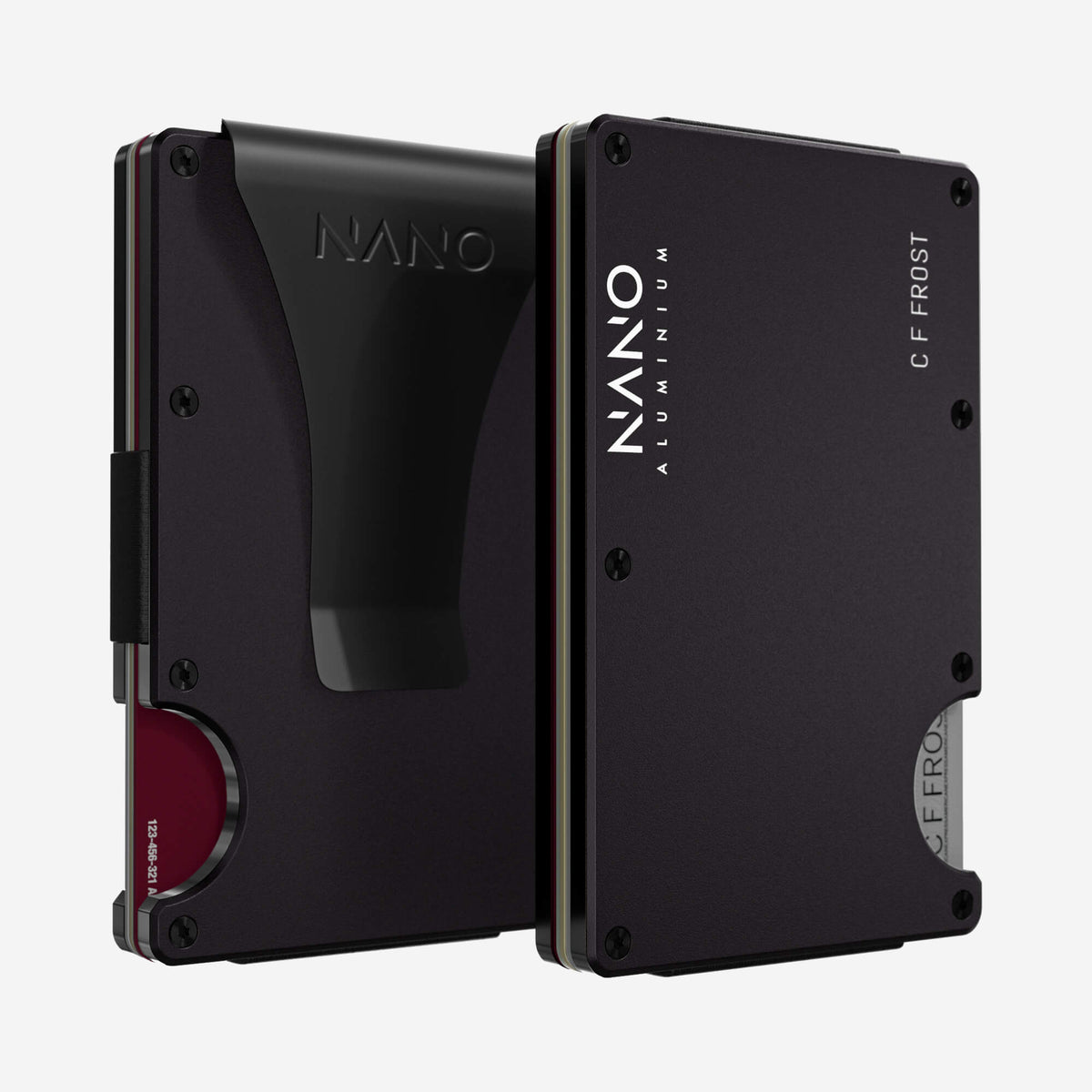 NANO Phantom Black aerospace aluminium money clip wallet — front and rear views side by side