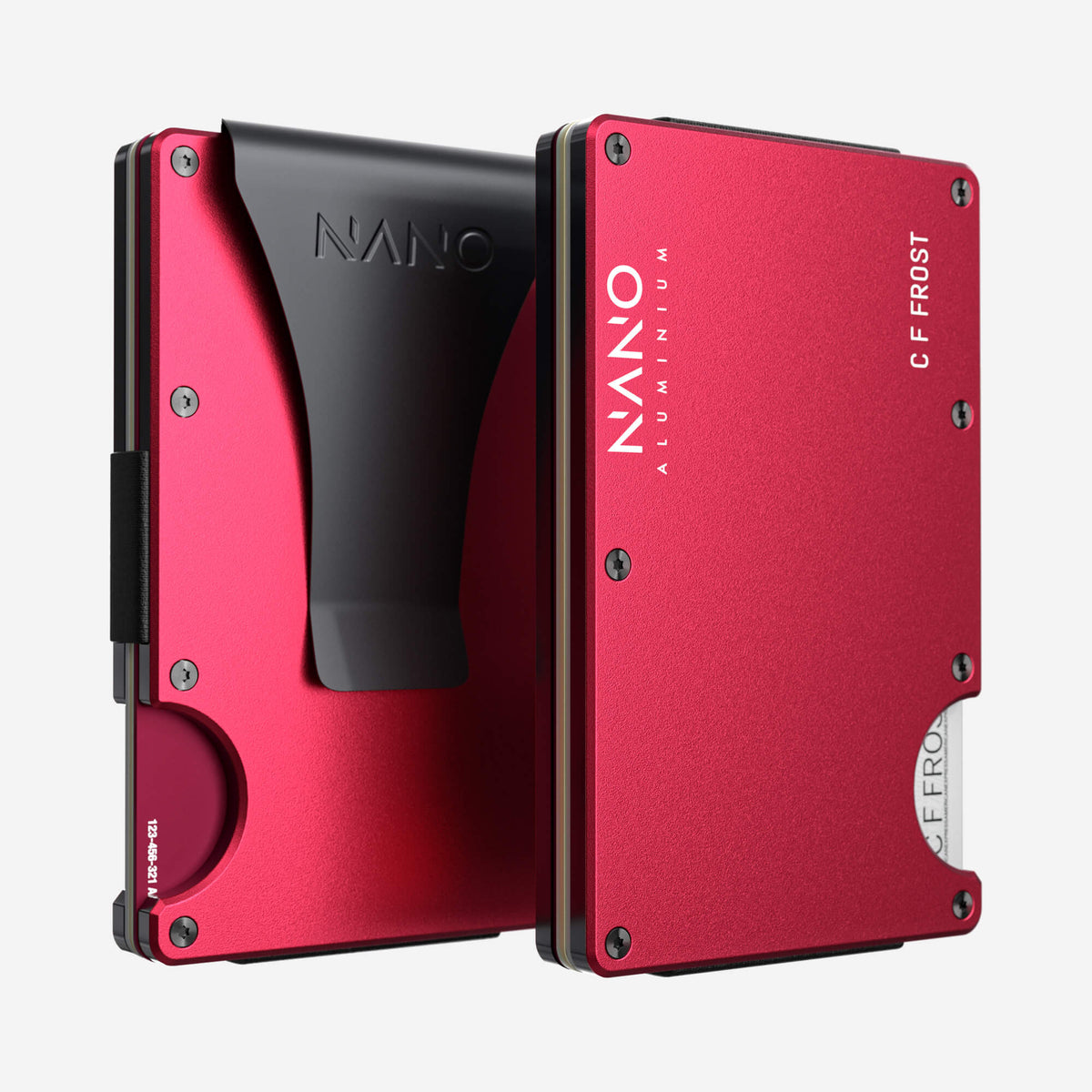 NANO Volcano Red aerospace aluminium money clip wallet — front and rear views side by side