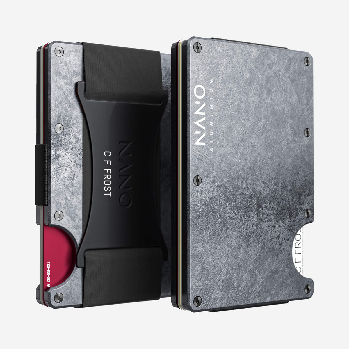 NANO Dark Storm aerospace aluminium cash strap wallet — front and rear views side by side