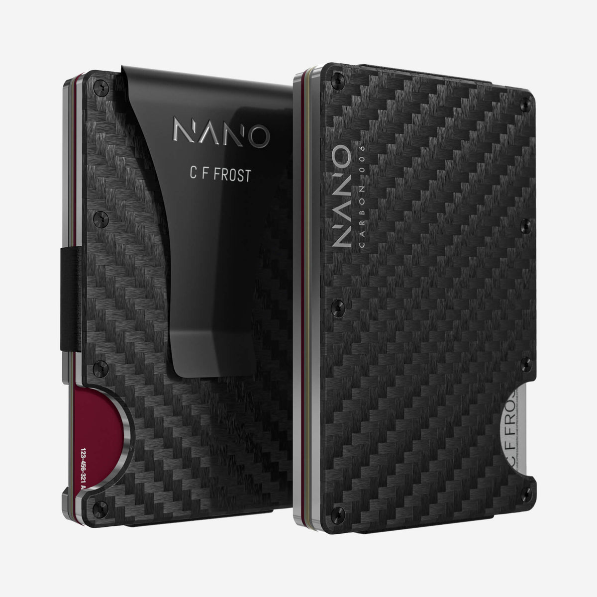 NANO Carbon 006 Stealth Black/Ghost Silver 3K carbon fibre money clip wallet — front and rear views side by side