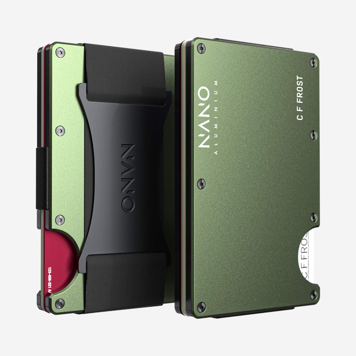 NANO Heritage Green aerospace aluminium cash strap wallet — front and rear views side by side