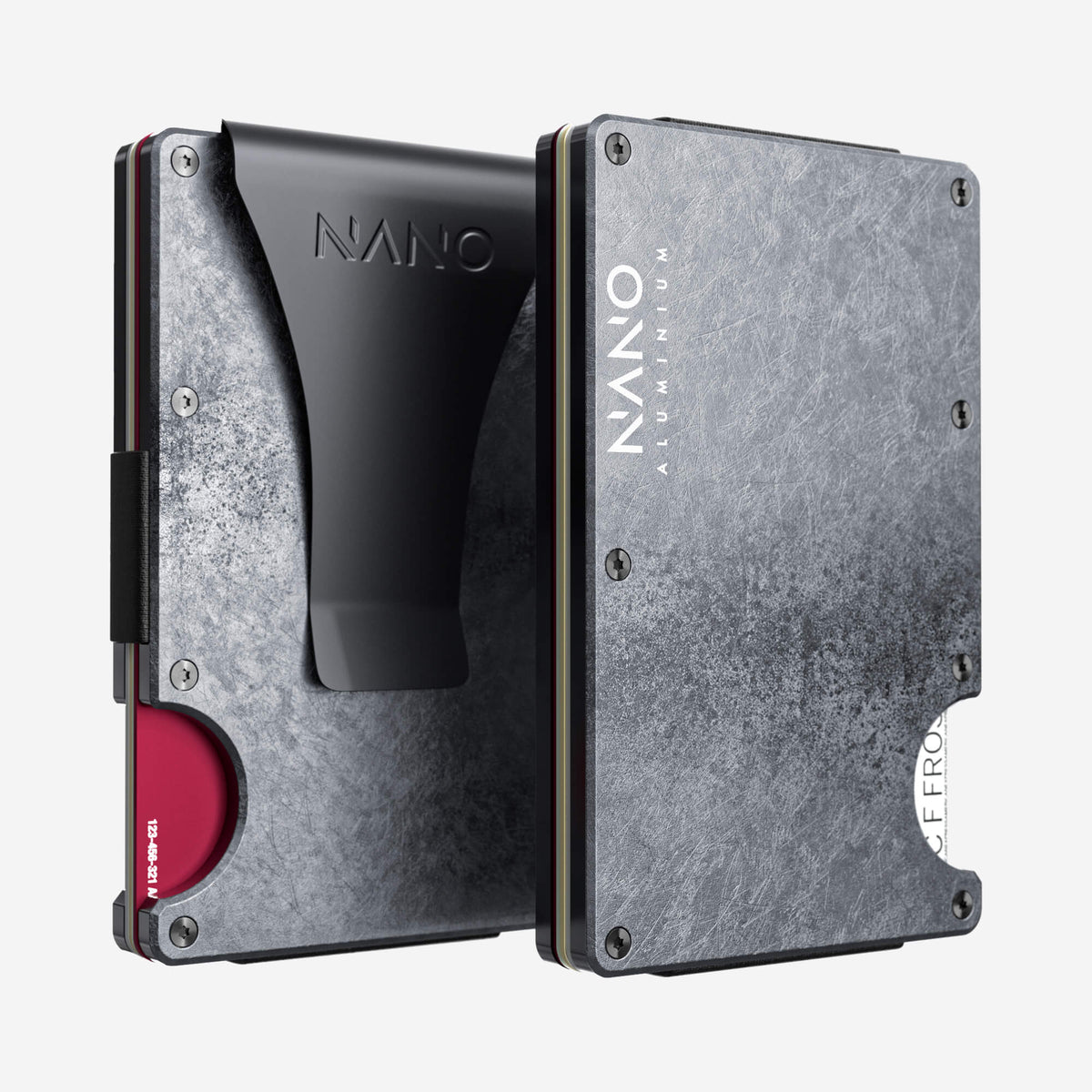 NANO Dark Storm aerospace aluminium money clip wallet — front and rear views side by side