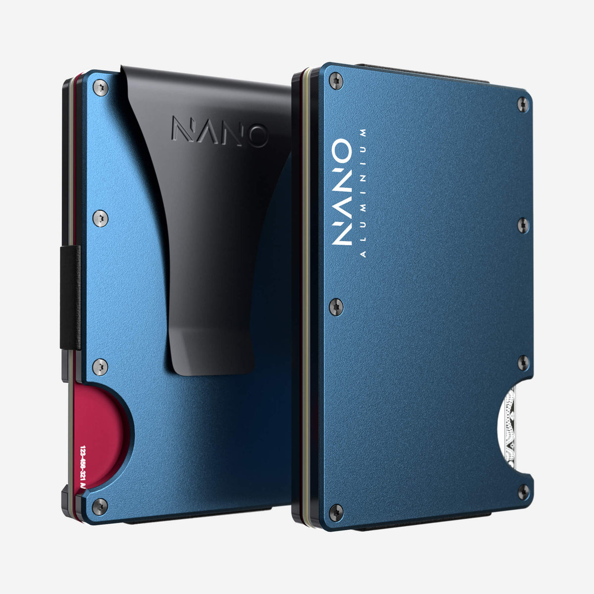 NANO Riviera Navy aerospace aluminium money clip wallet — front and rear views side by side
