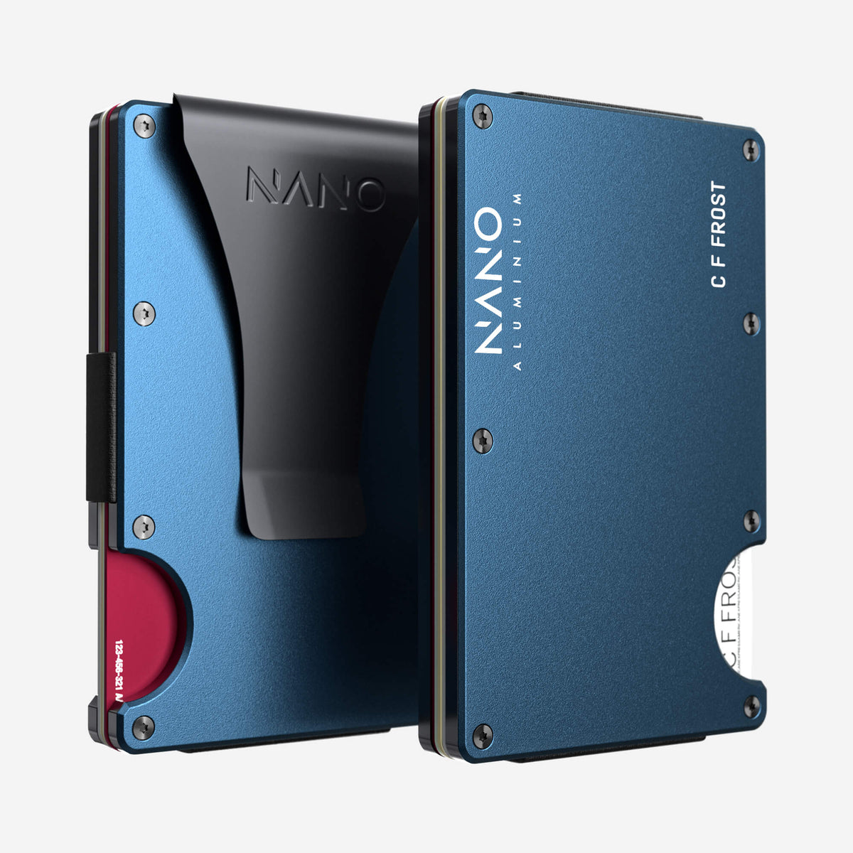 NANO Riviera Navy aerospace aluminium money clip wallet — front and rear views side by side