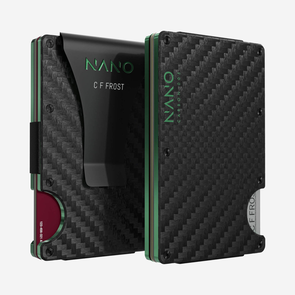 NANO Carbon 005 Stealth Black/Viper Green 3K carbon fibre money clip wallet — front and rear views side by side