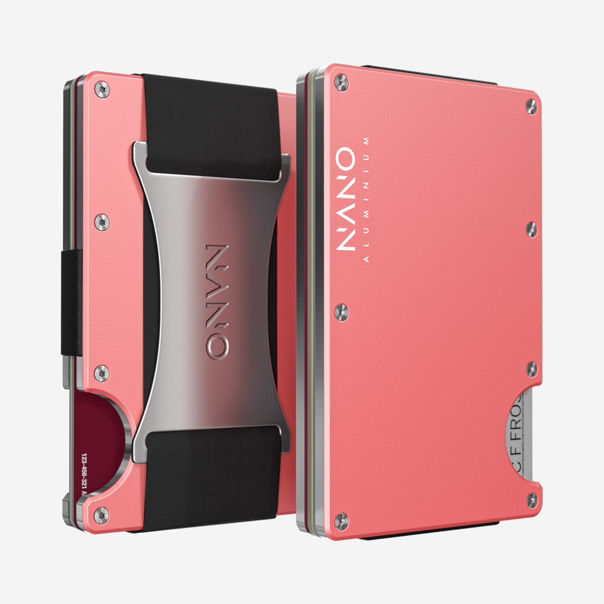 Front and rear views of a NANO CHIC Sunset Blush wallet with a Money Clip.