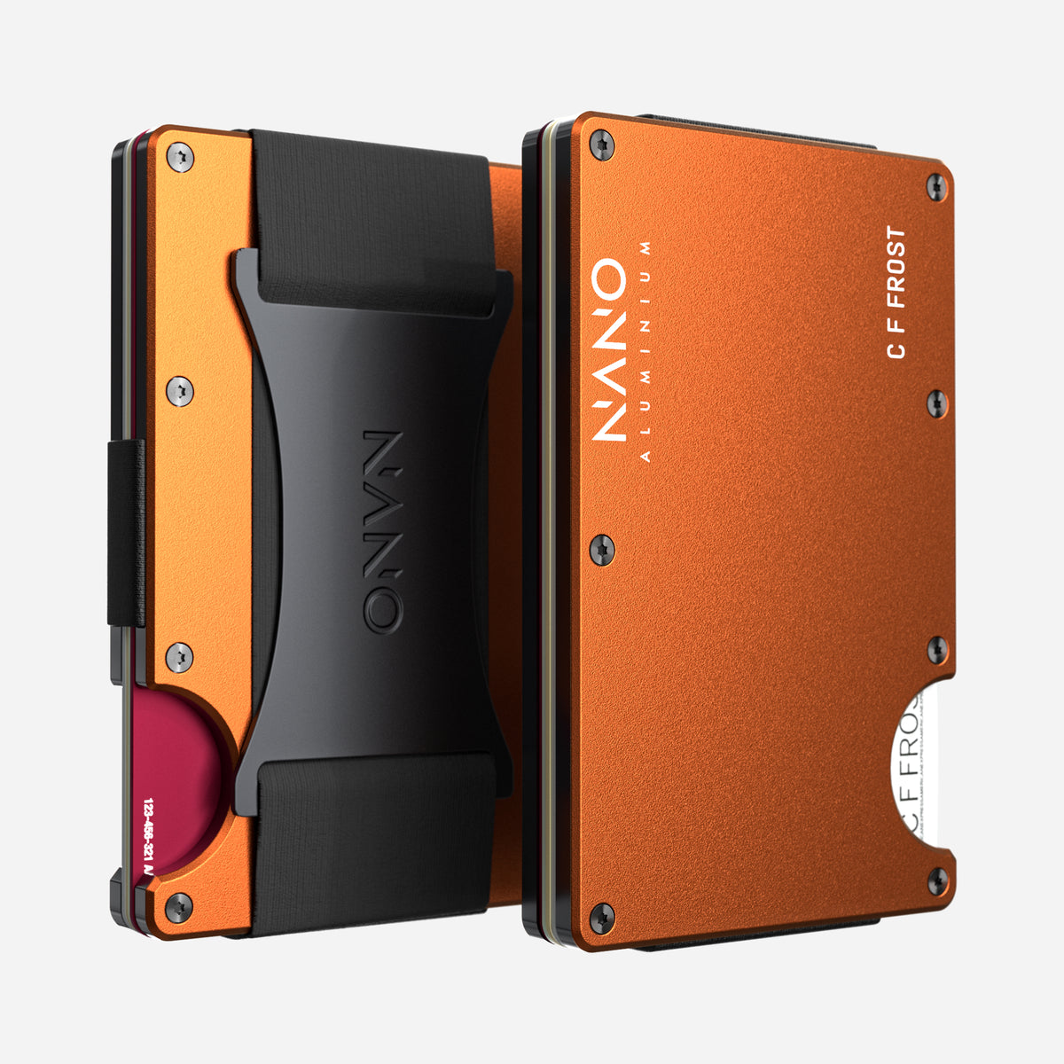 NANO Ventura Orange aerospace aluminium cash strap wallet — front and rear views side by side