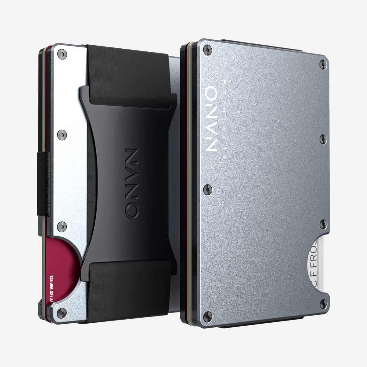 Front and back view of the NANO™ Aluminium Cash Strap Wallet in Spyder Grey