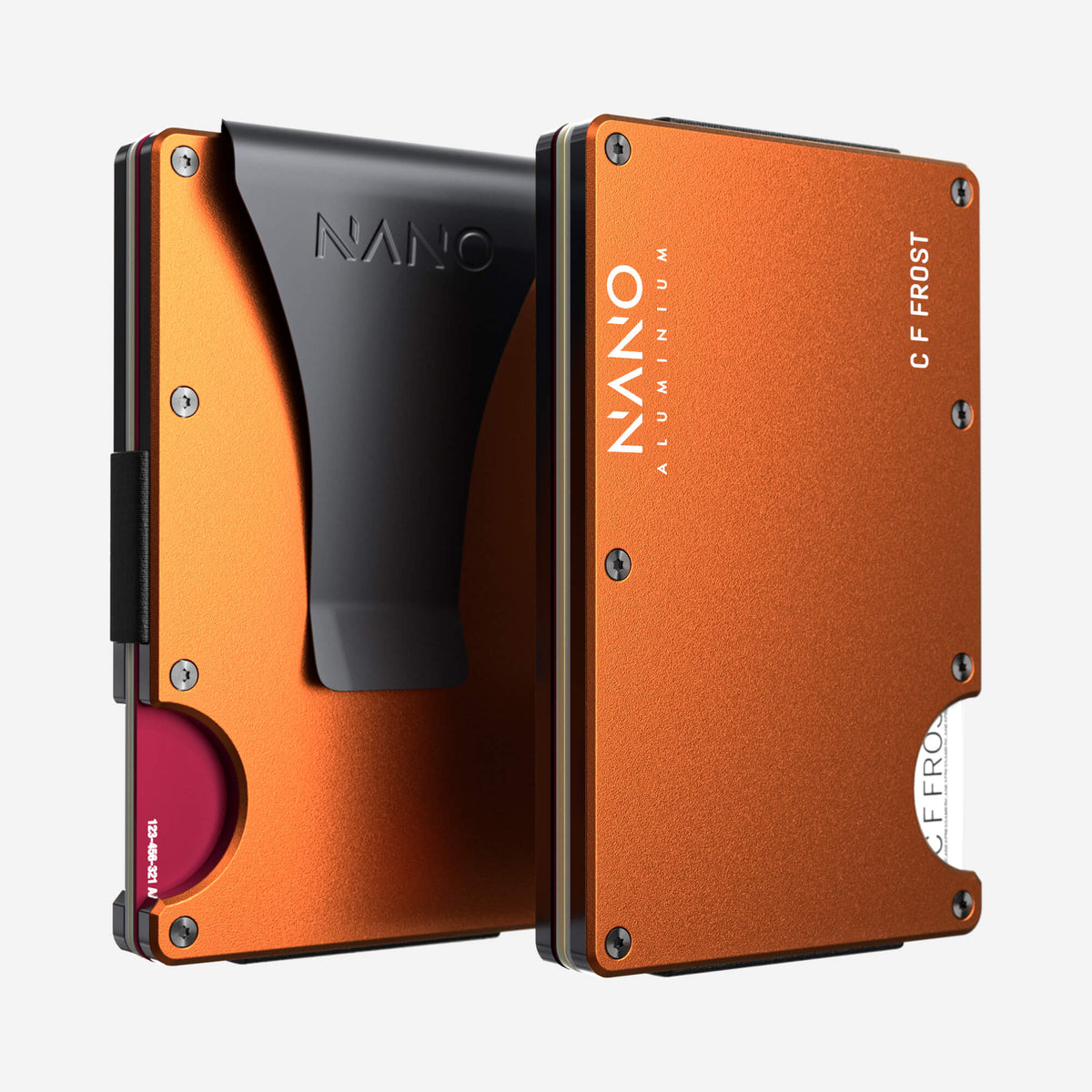 NANO Ventura Orange aerospace aluminium money clip wallet — front and rear views side by side
