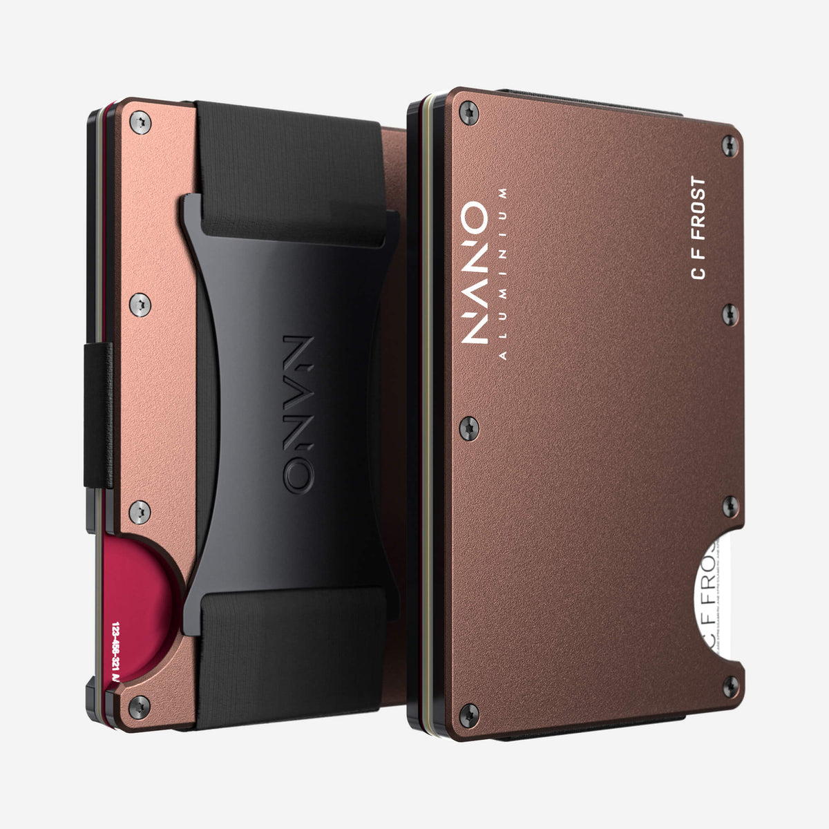 NANO Sonic Copper aerospace aluminium cash strap wallet — front and rear views side by side