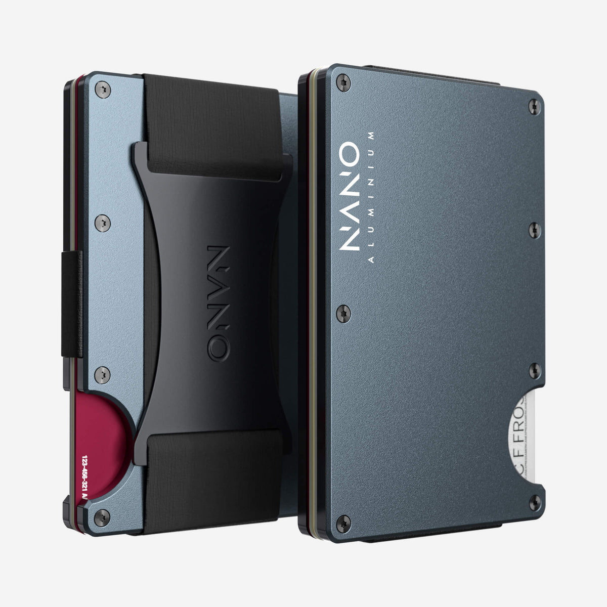 Front and back view of the NANO™ Aluminium Cash Strap Wallet in Forza Grey