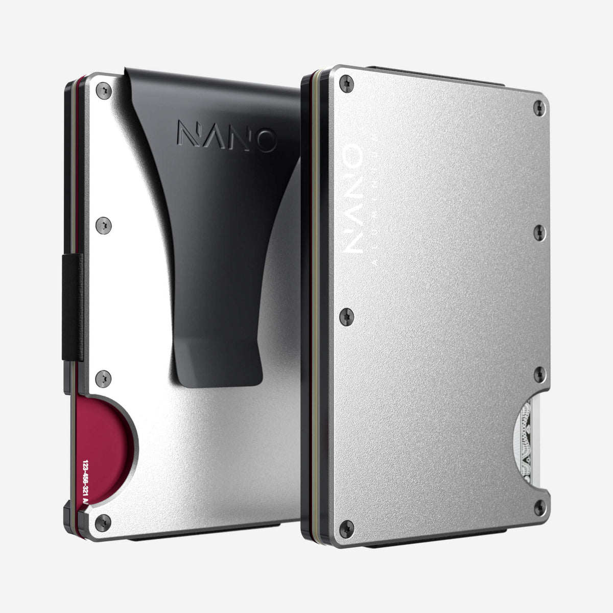 NANO Ghost Silver aerospace aluminium money clip wallet — front and rear views side by side