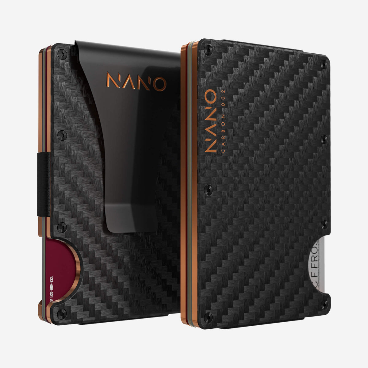 NANO Carbon 002 Stealth Black/Ventura Orange 3K carbon fibre money clip wallet — front and rear views side by side