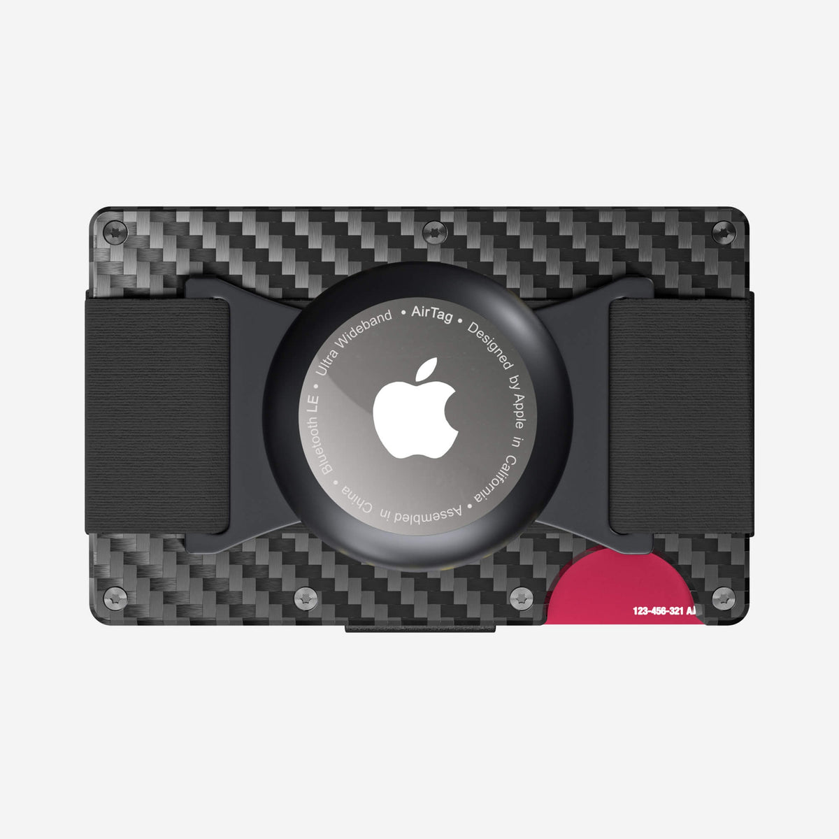 NANO Stealth Black 3K carbon fibre AirTag cash strap wallet — example NANO ID engraving