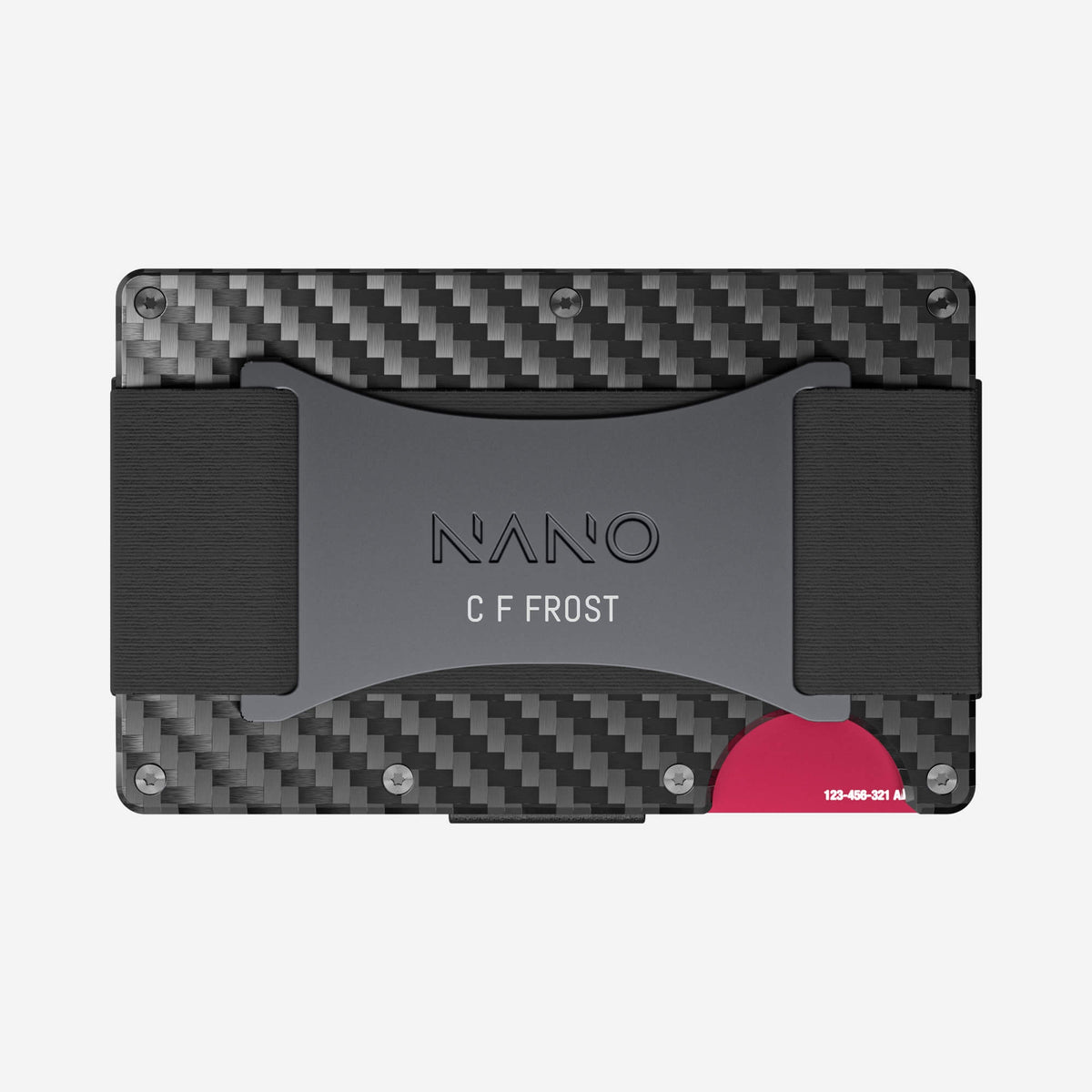 NANO Stealth Black 3K carbon fibre cash strap wallet — example NANO ID engraving