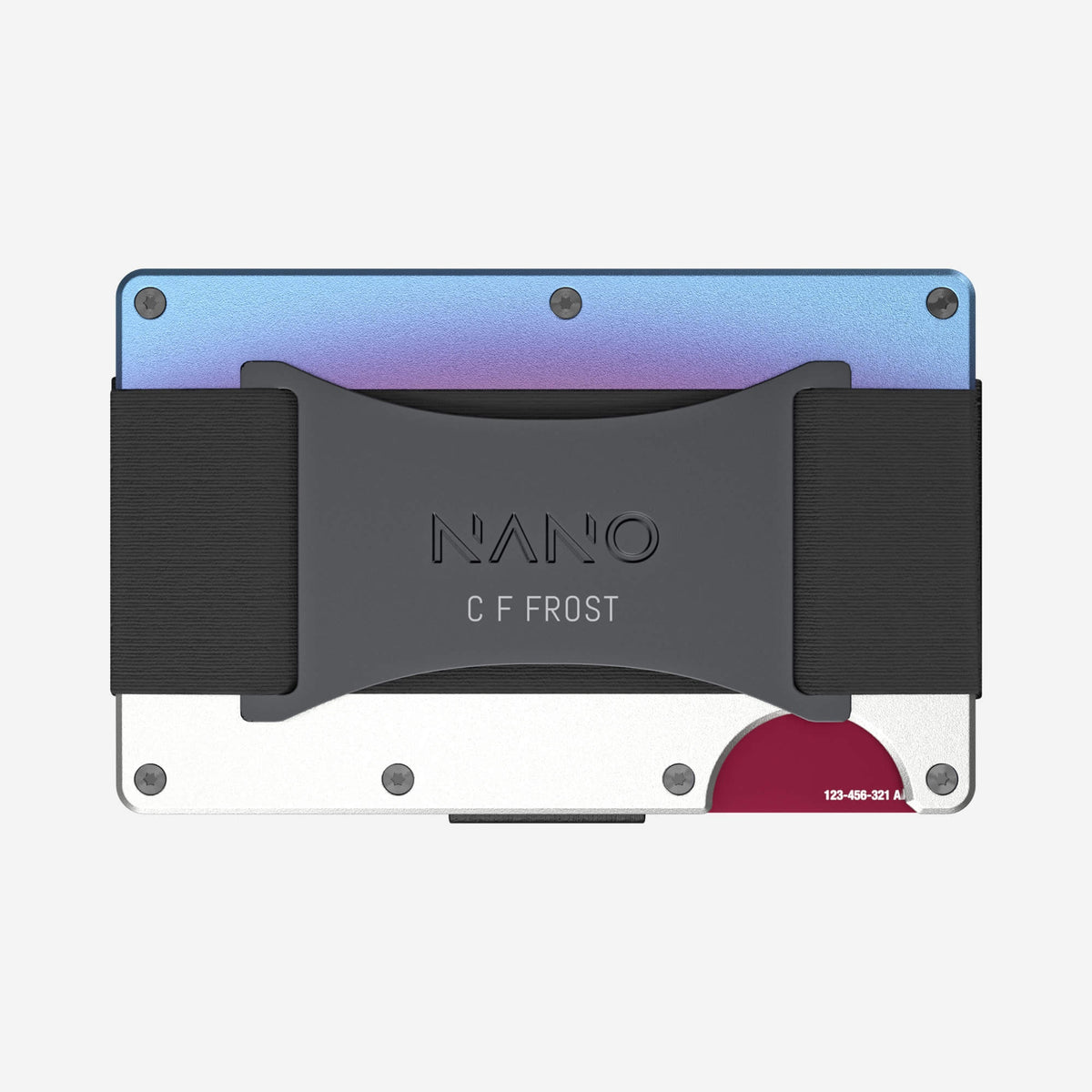NANO Flame Burnt aerospace aluminium cash strap wallet — rear horizontal view showing the cash strap