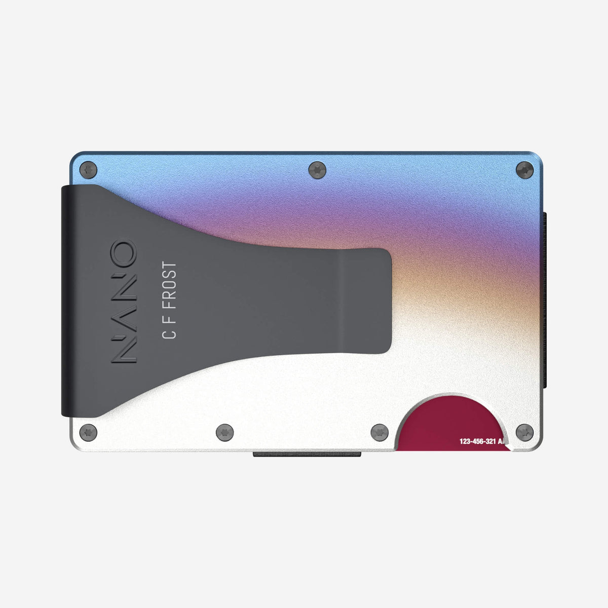NANO Flame Burnt aerospace aluminium money clip wallet — rear horizontal view showing the money clip
