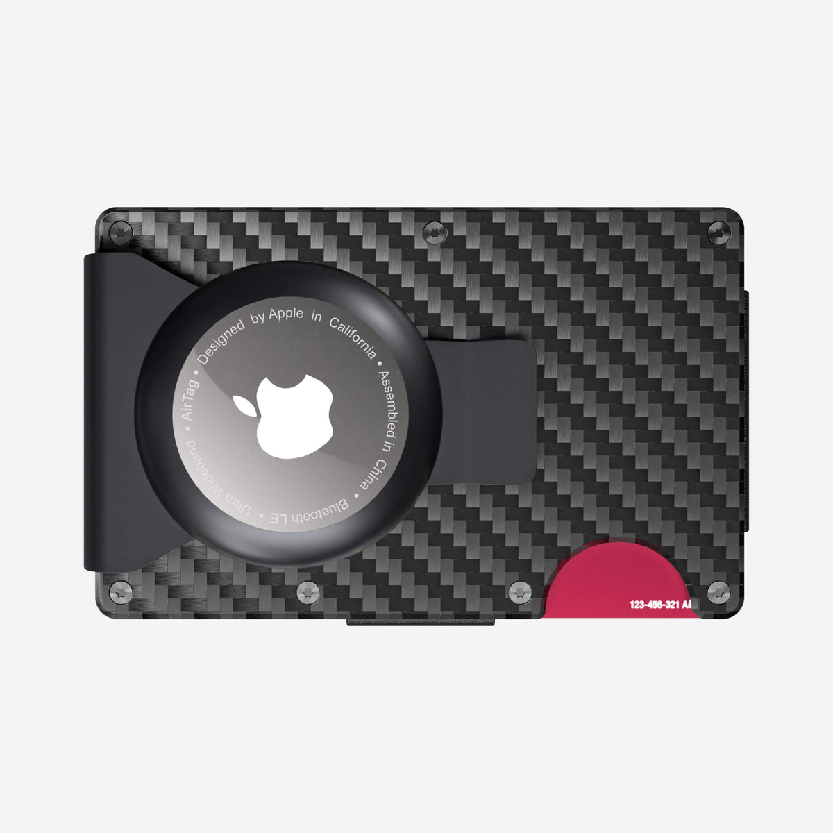NANO Stealth Black 3K carbon fibre AirTag money clip wallet — example NANO ID engraving