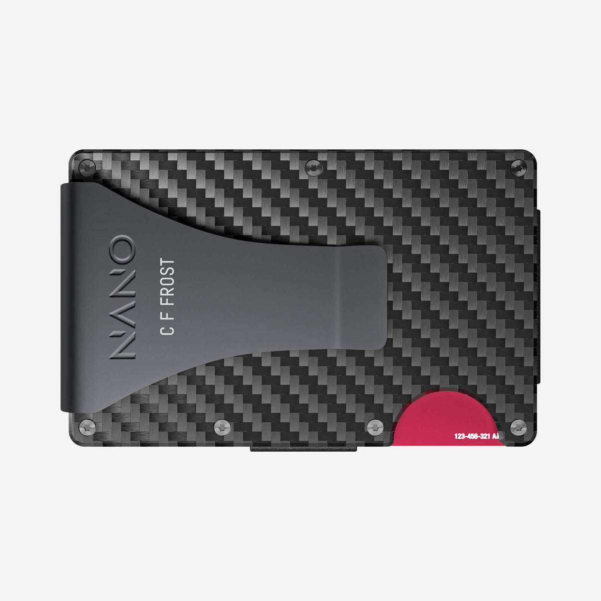 NANO Stealth Black 3K carbon fibre money clip wallet — example NANO ID engraving