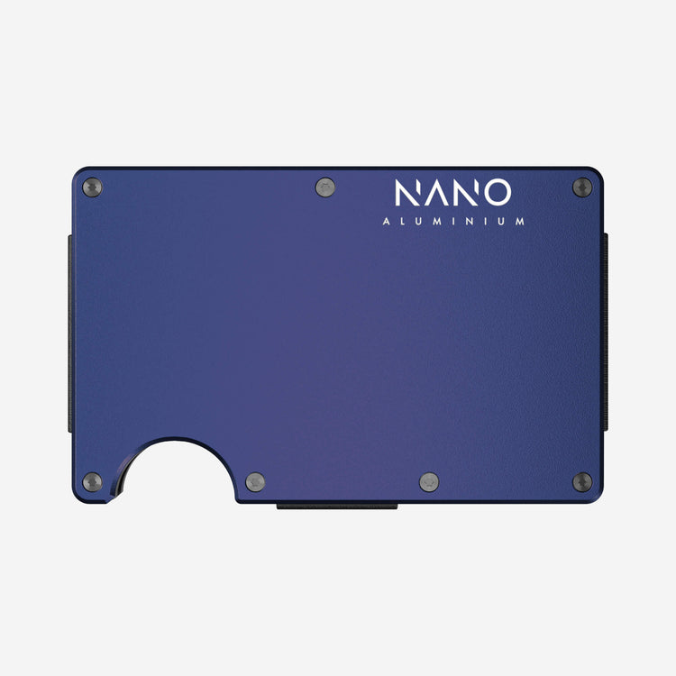NANO Skyfall Navy aerospace aluminium cash strap wallet — front view