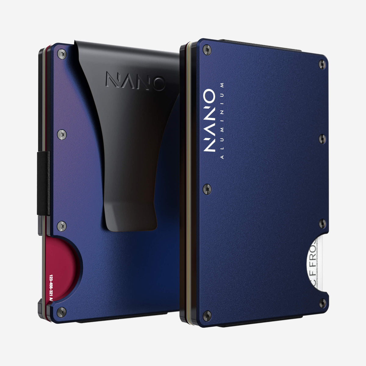 NANO Skyfall Navy aerospace aluminium money clip wallet — front and rear views side by side