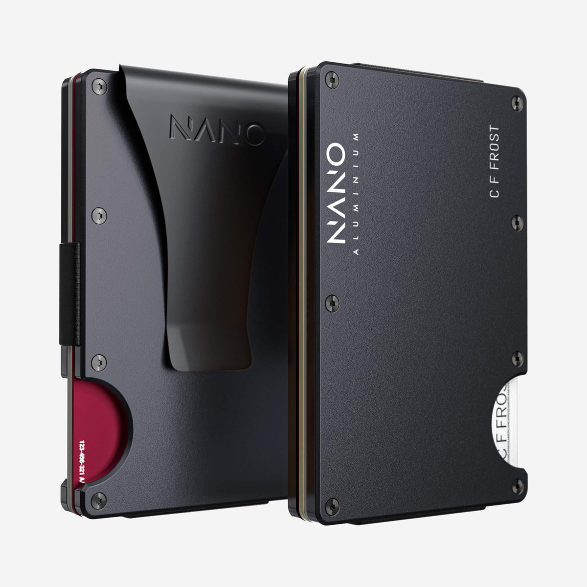 NANO Titan Gunmetal aerospace aluminium money clip wallet — front and rear views side by side