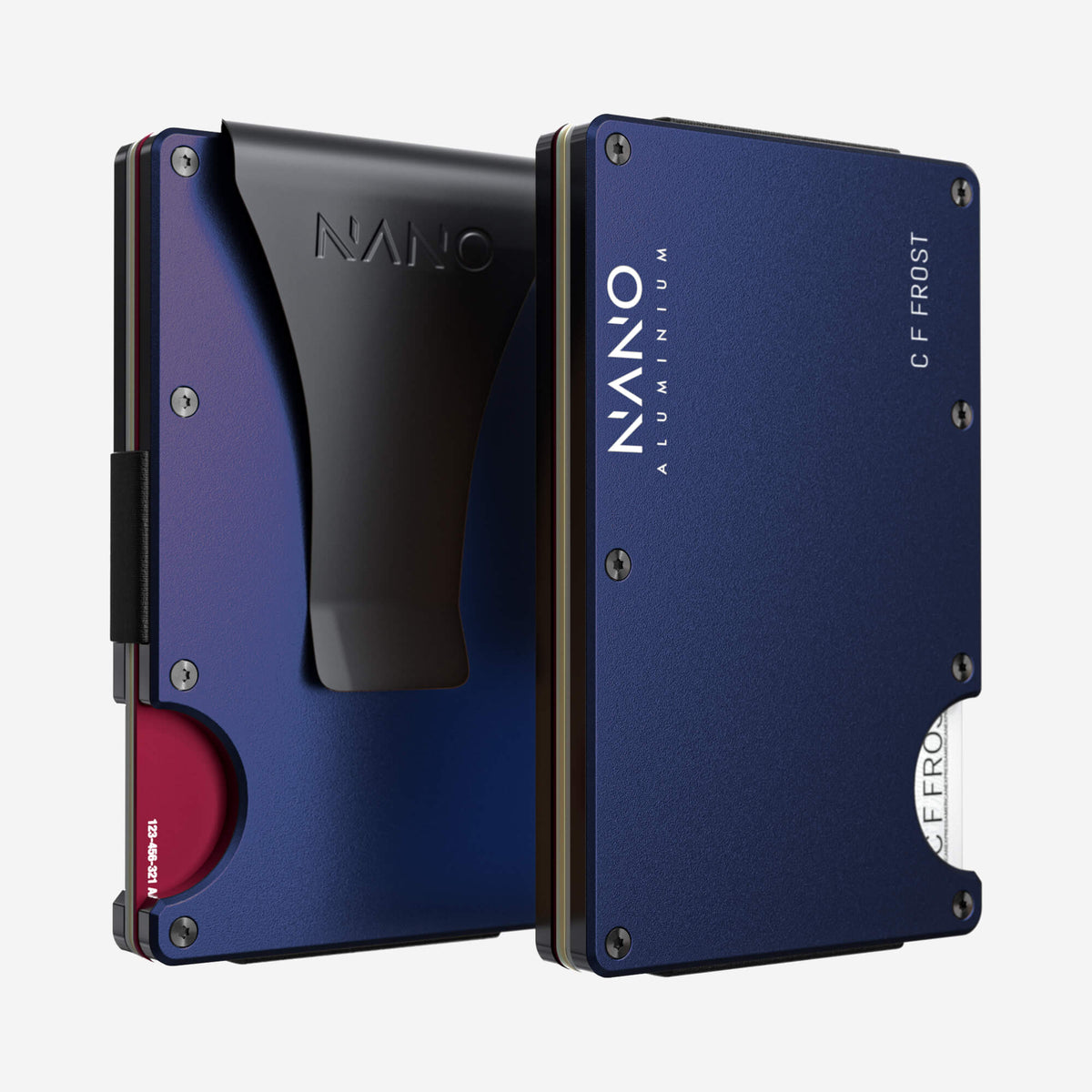 NANO Skyfall Navy aerospace aluminium money clip wallet — front and rear views side by side