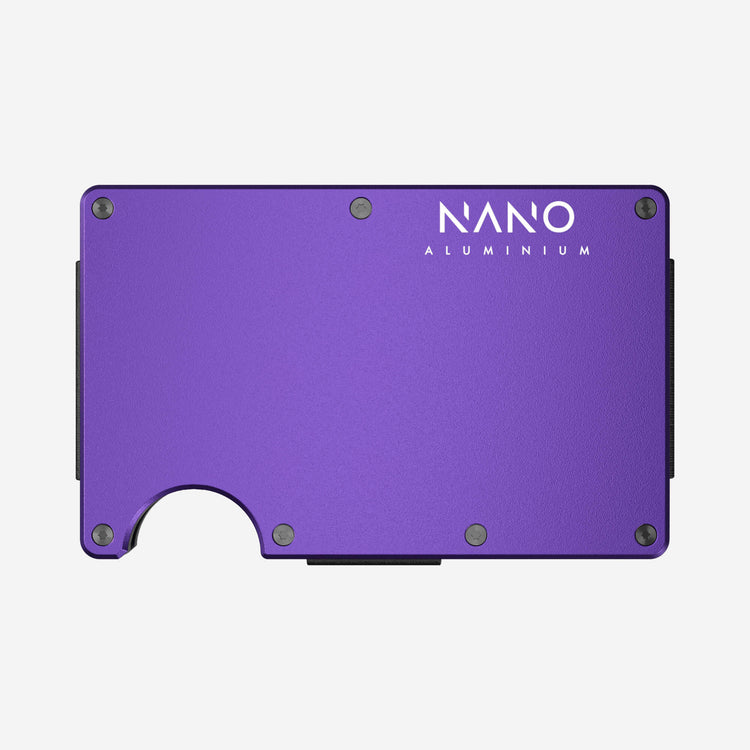 NANO Nebula Purple aerospace aluminium cash strap wallet — front view