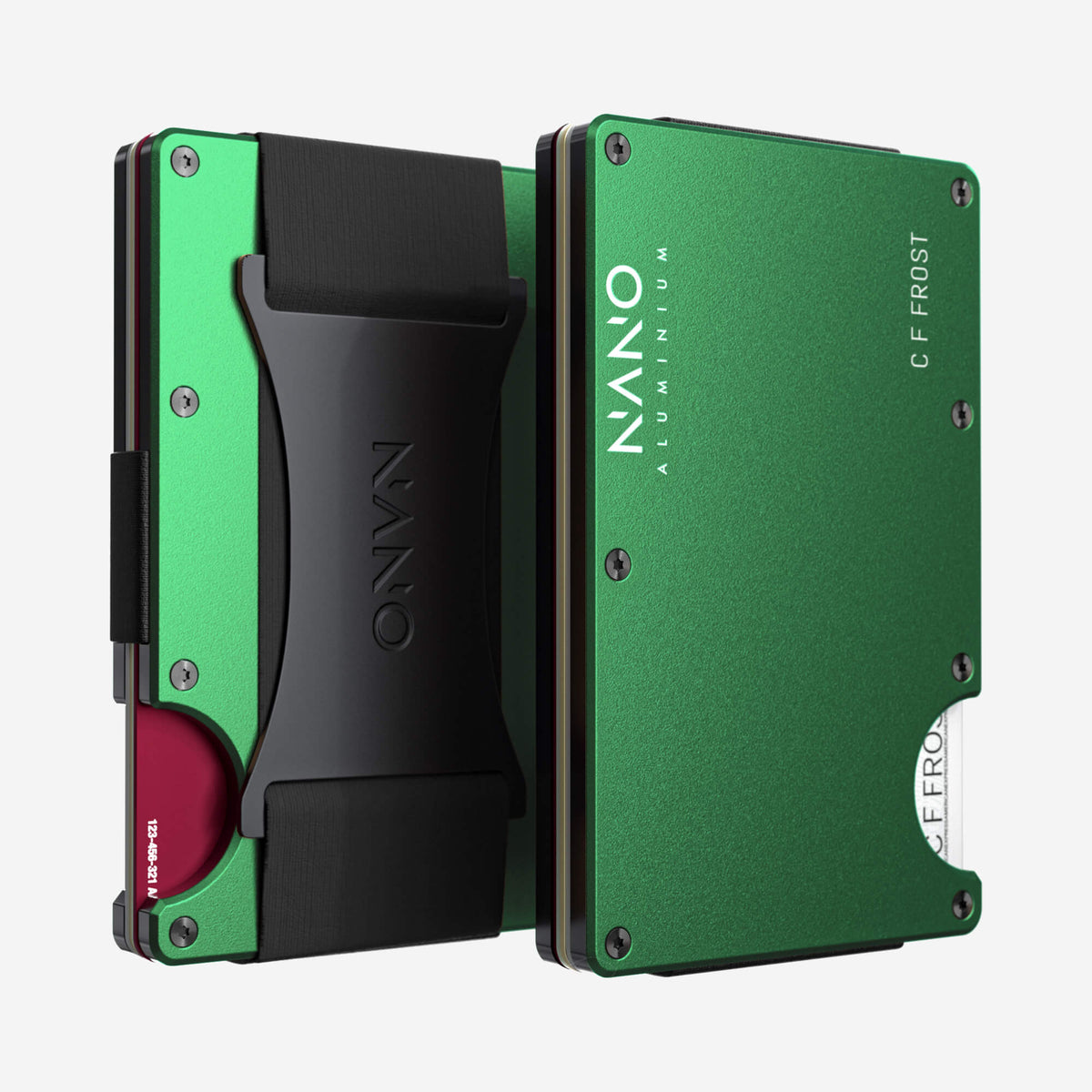 NANO Viper Green aerospace aluminium cash strap wallet — front and rear views side by side