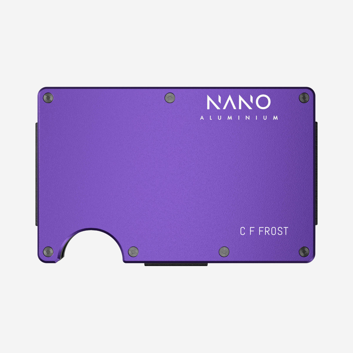 NANO Nebula Purple aerospace aluminium cash strap wallet — front horizontal view with example engraving
