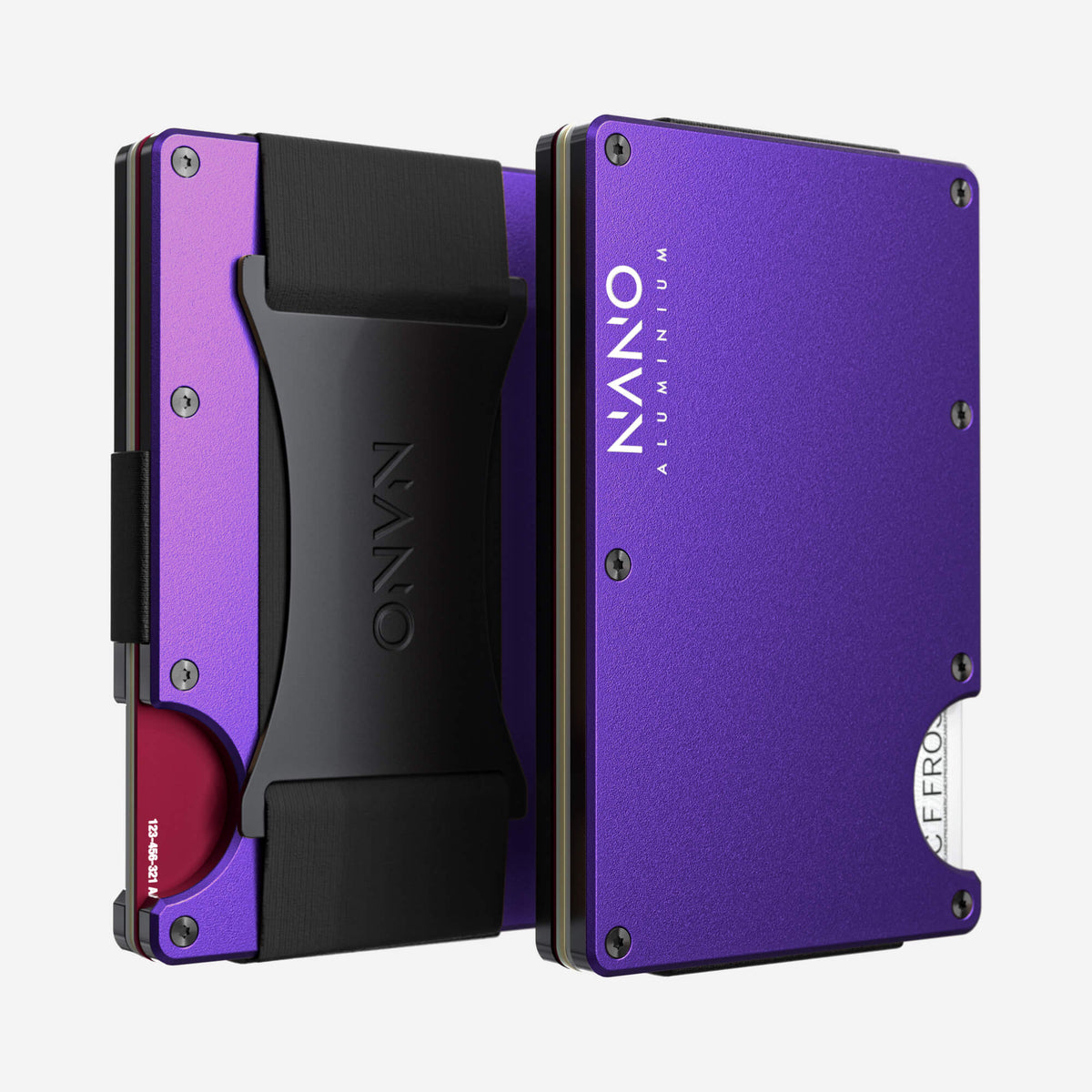 NANO Nebula Purple aerospace aluminium cash strap wallet — front and rear views side by side