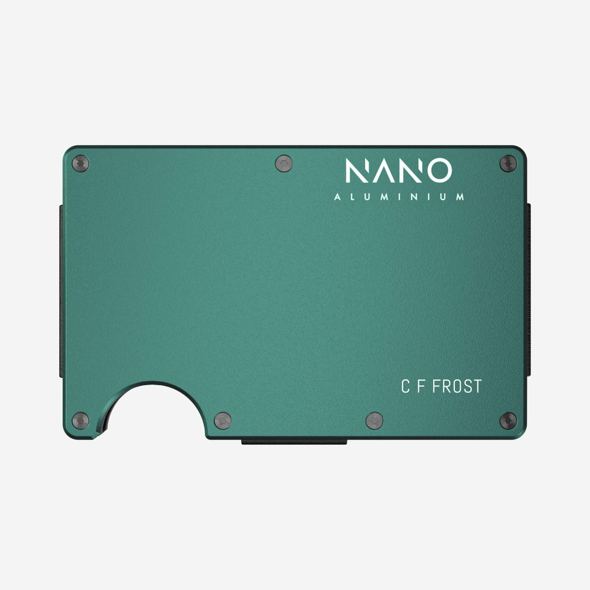 NANO Racing Green aerospace aluminium AirTag money clip wallet — example NANO ID engraving