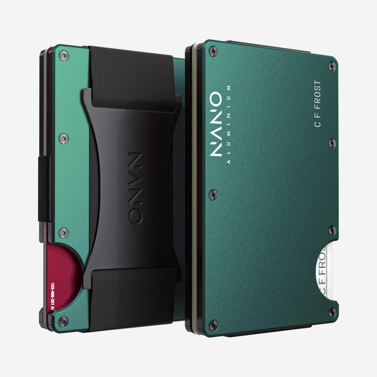 NANO Racing Green aerospace aluminium cash strap wallet — front and rear views side by side