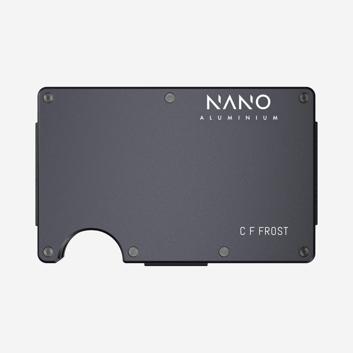 NANO Titan Gunmetal aerospace aluminium cash strap wallet — front horizontal view with example engraving