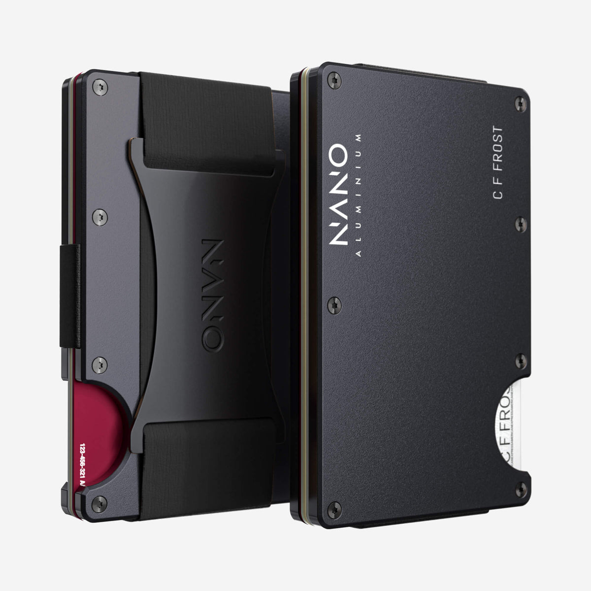 NANO Titan Gunmetal aerospace aluminium cash strap wallet — front and rear views side by side