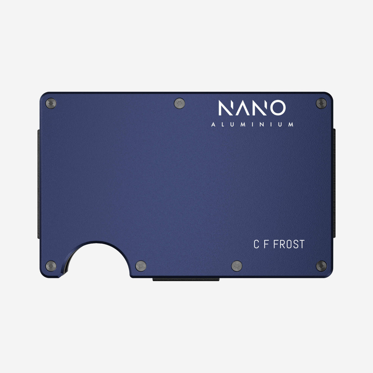 NANO Skyfall Navy aerospace aluminium cash strap wallet — front horizontal view with example engraving