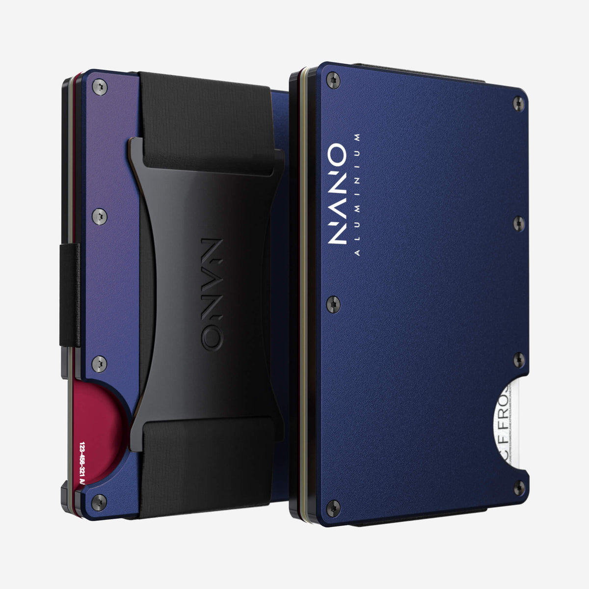 NANO Skyfall Navy aerospace aluminium cash strap wallet — front and rear views side by side