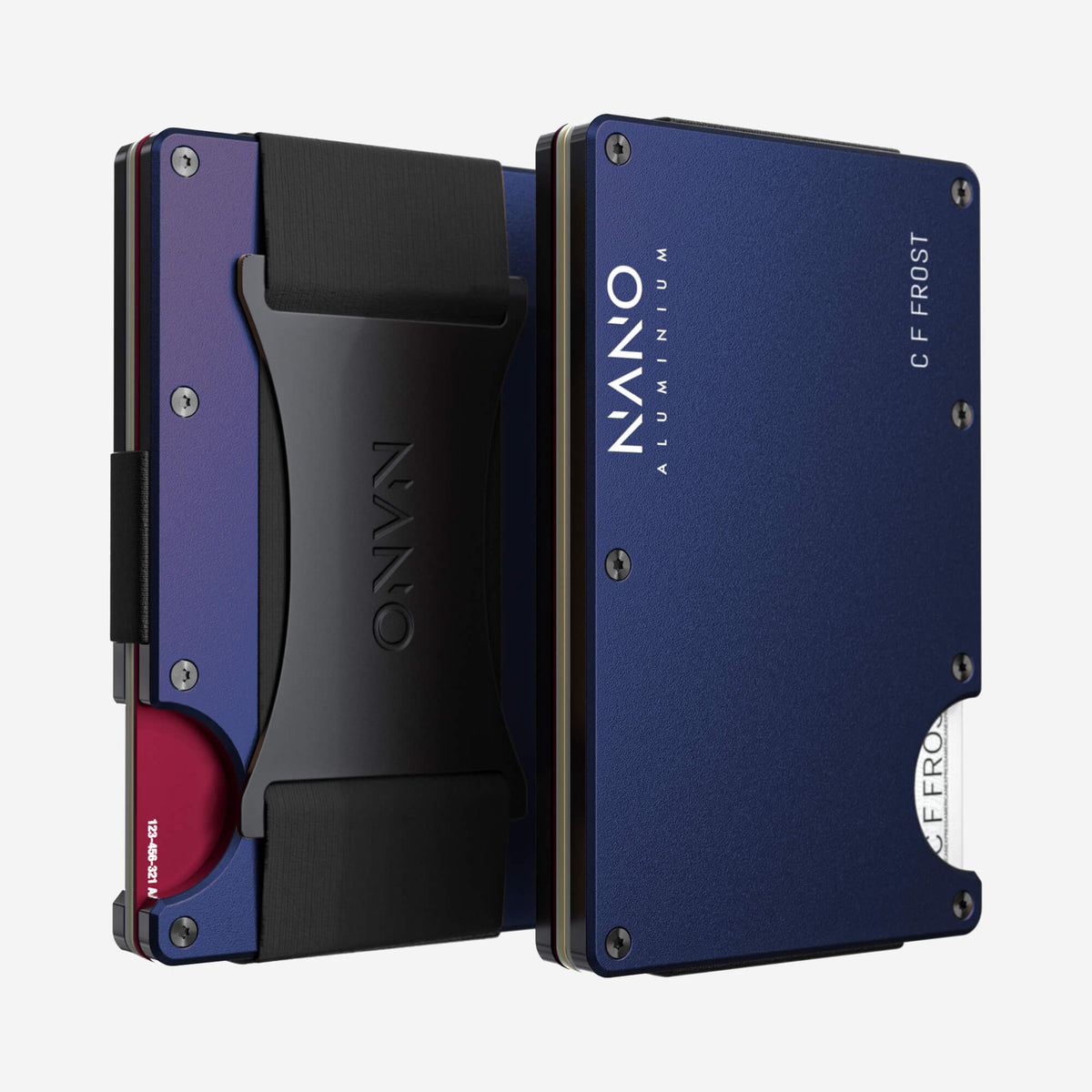 NANO Skyfall Navy aerospace aluminium cash strap wallet — front and rear views side by side