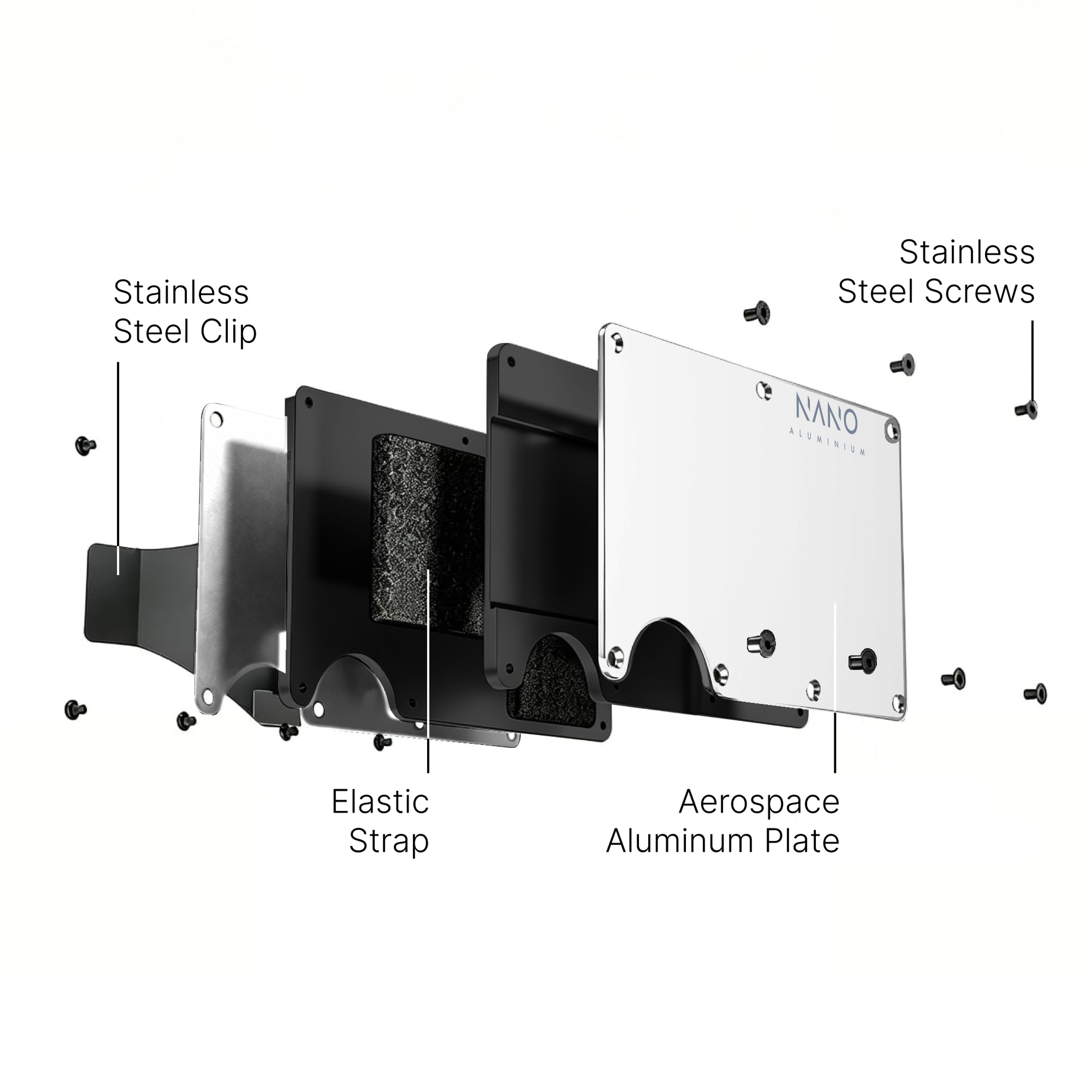 NANO Carrera White aerospace aluminium AirTag cash strap wallet — exploded construction view