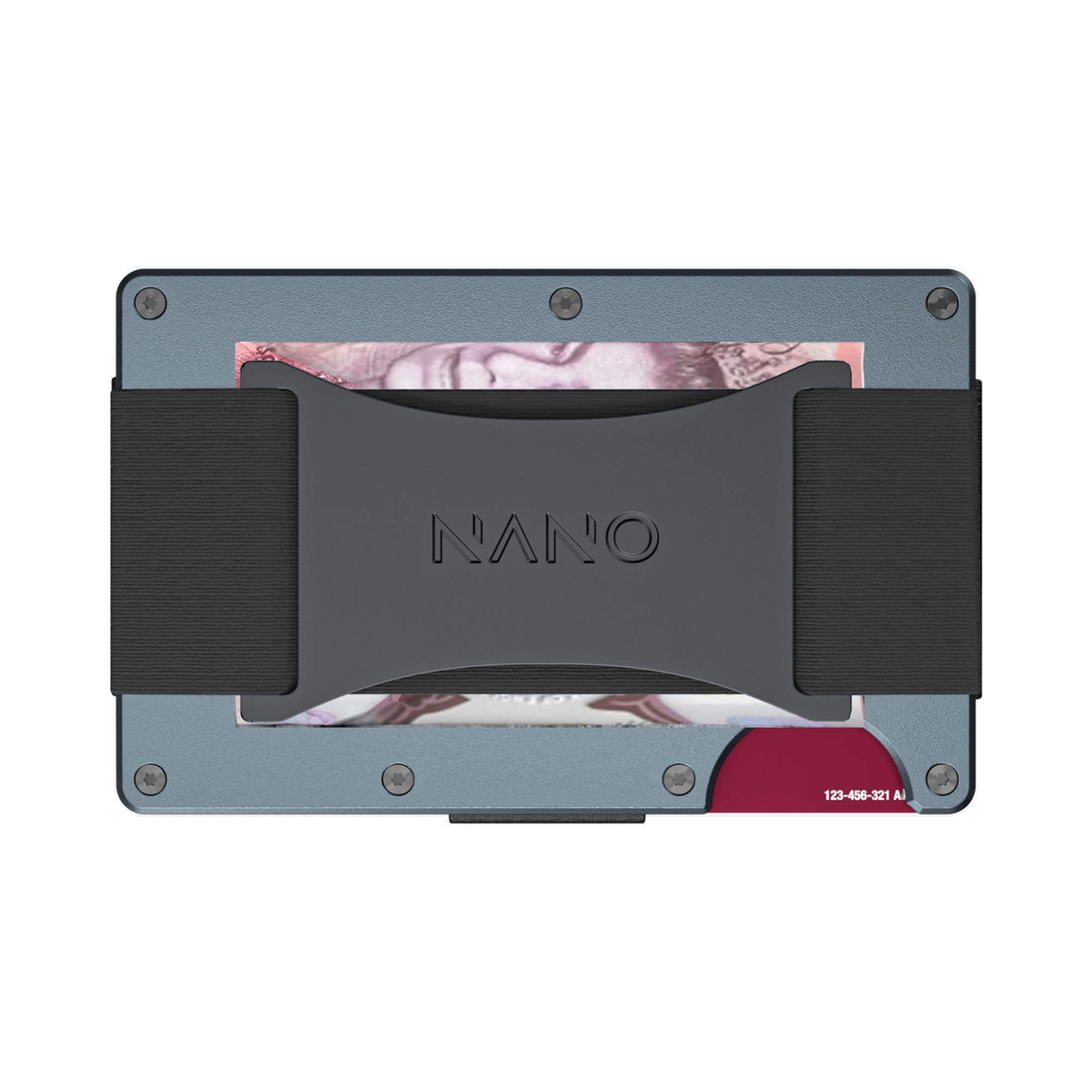 NANO Forza Grey aerospace aluminium cash strap wallet — cash strap holding folded cash