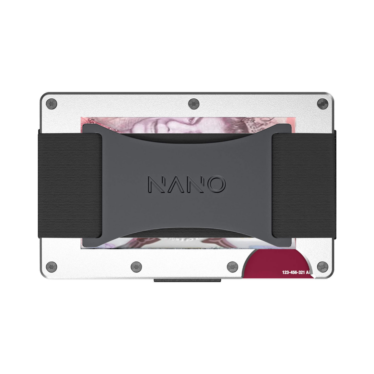 NANO Ghost Silver aerospace aluminium cash strap wallet — cash strap holding folded cash