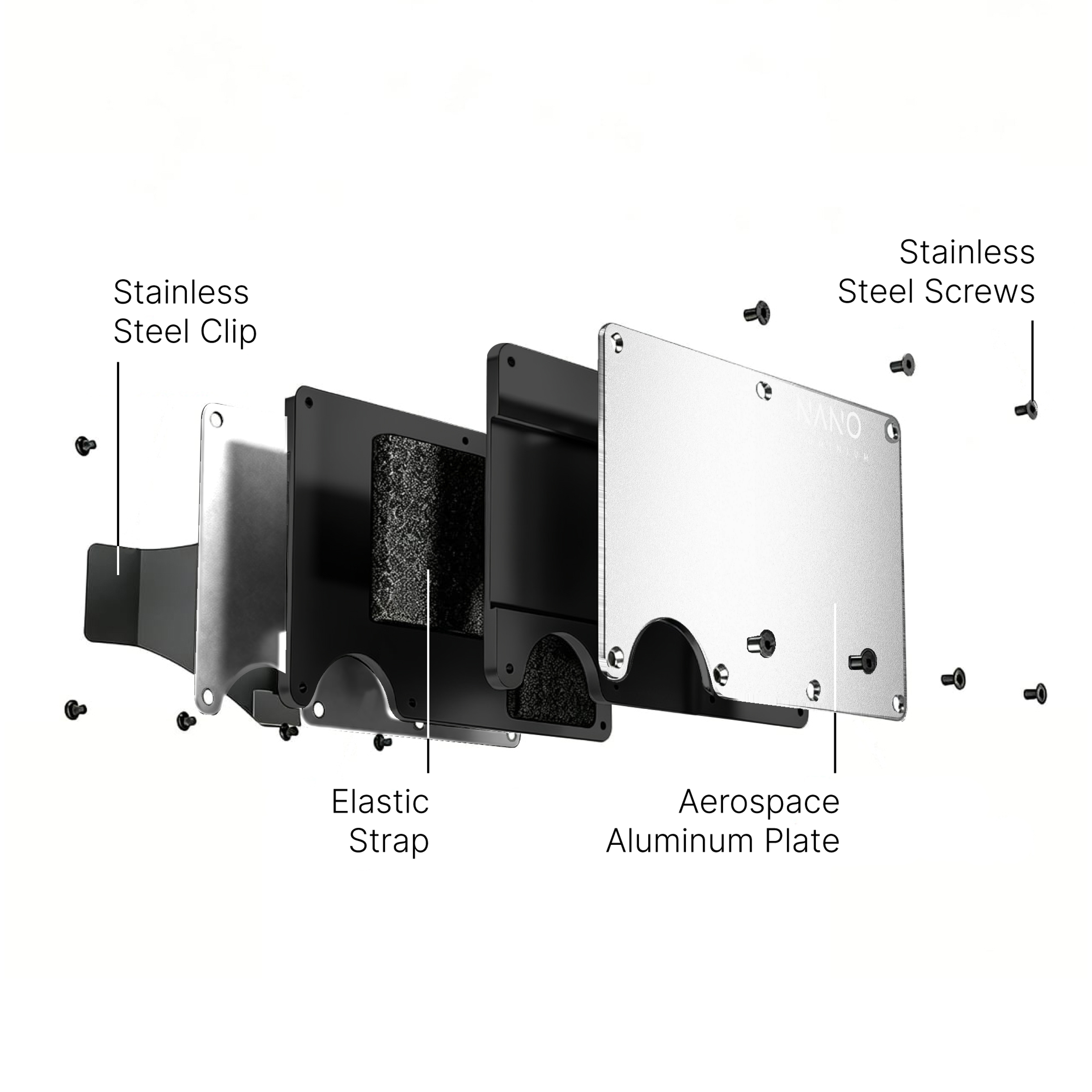 NANO Ghost Silver aerospace aluminium cash strap wallet — exploded construction view