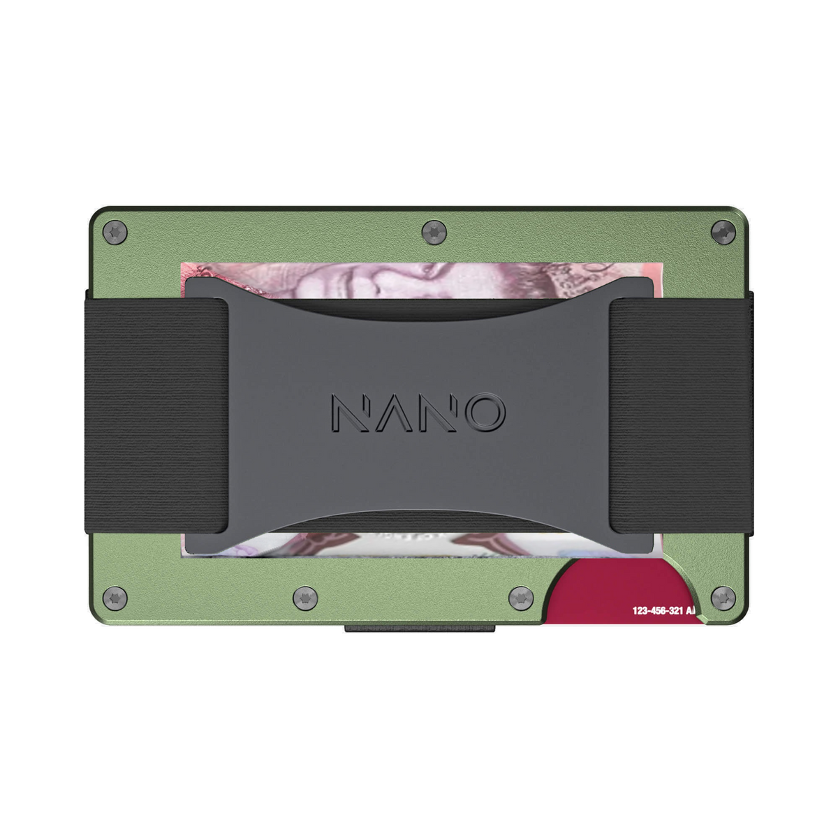 NANO Heritage Green aerospace aluminium cash strap wallet — cash strap holding folded cash