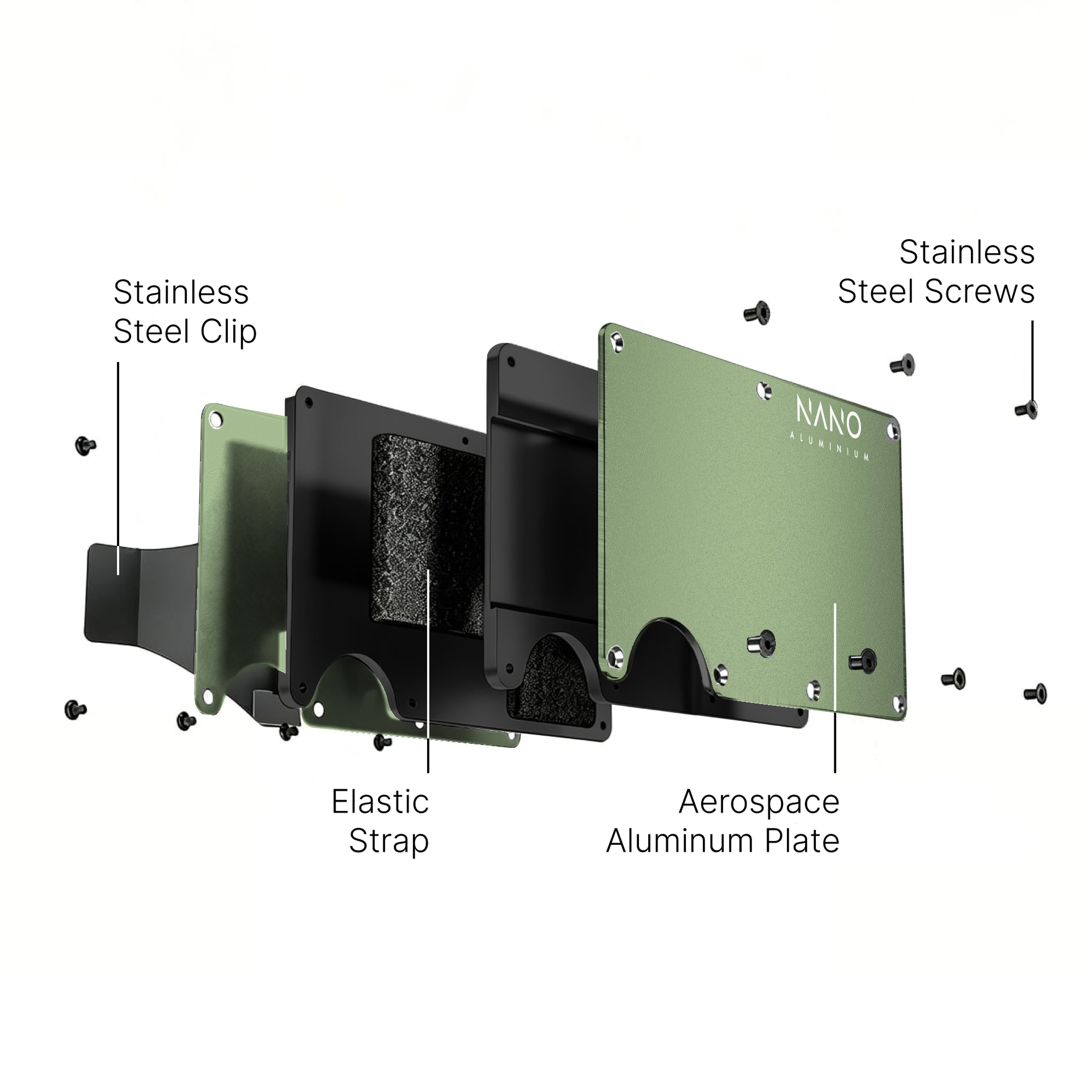 NANO Heritage Green aerospace aluminium cash strap wallet — exploded construction view