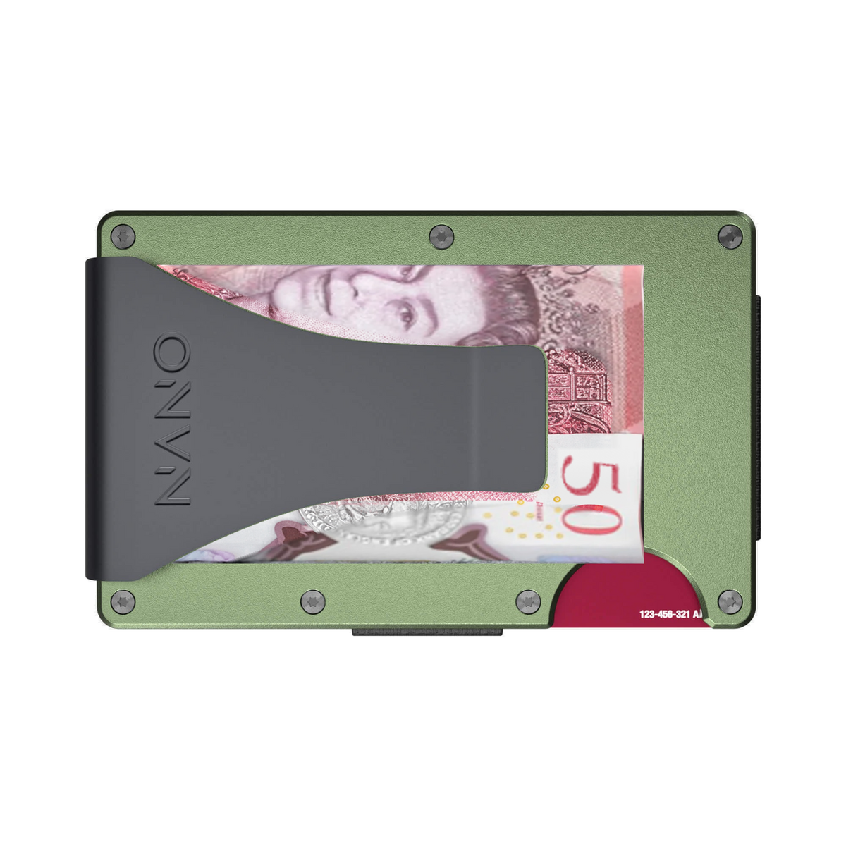 NANO Heritage Green aerospace aluminium money clip wallet — money clip holding folded cash
