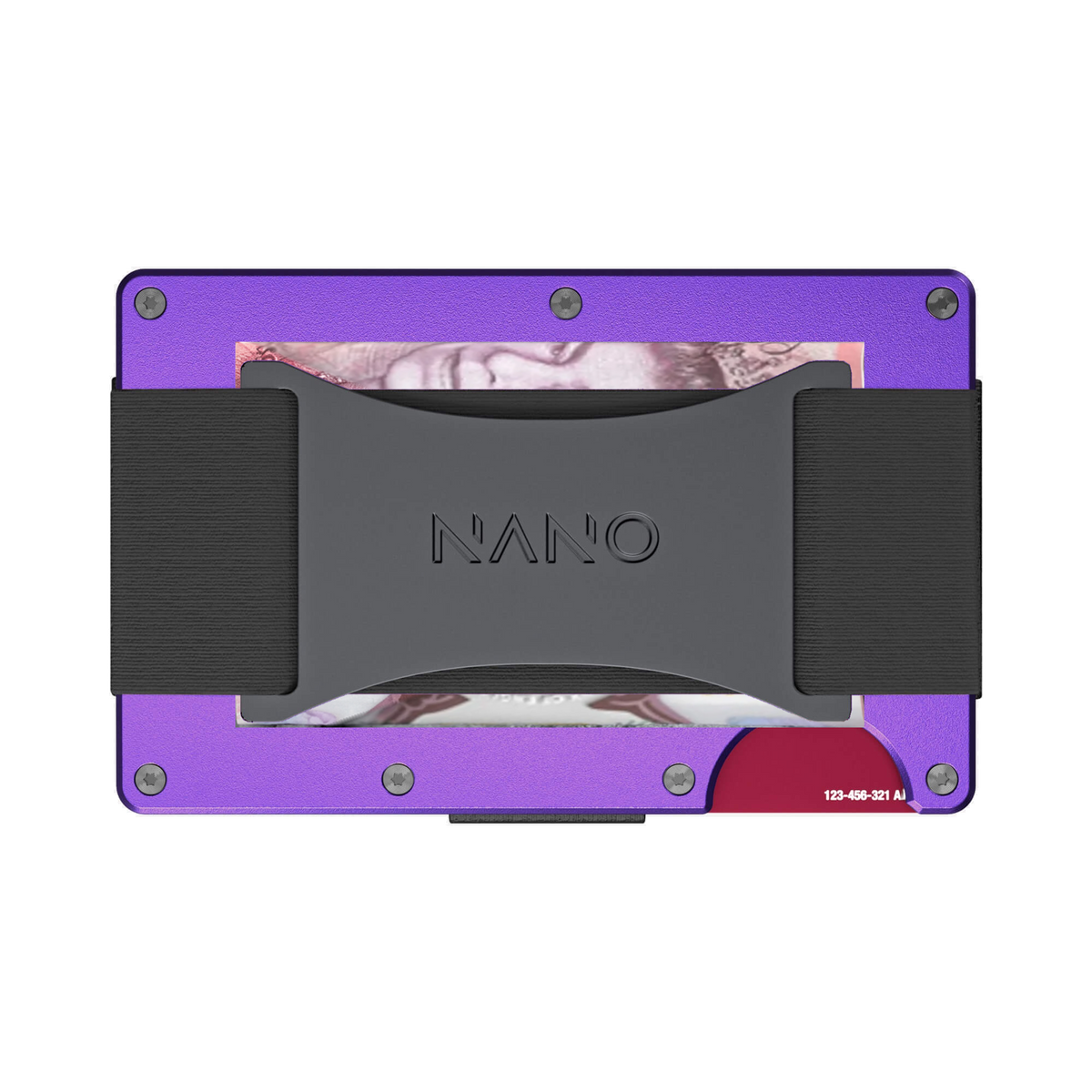 NANO Nebula Purple aerospace aluminium cash strap wallet — cash strap holding folded cash