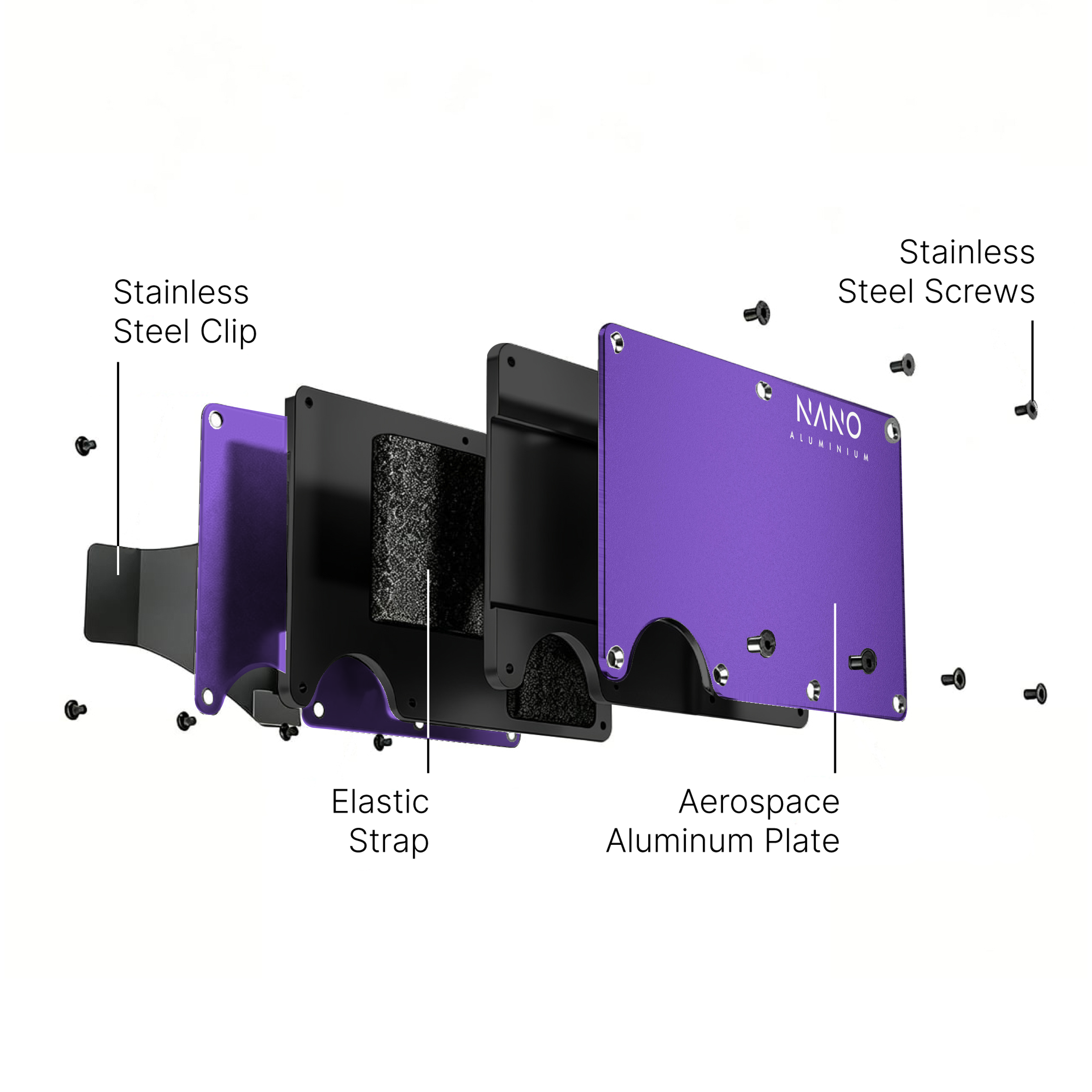 NANO Nebula Purple aerospace aluminium AirTag cash strap wallet — exploded construction view